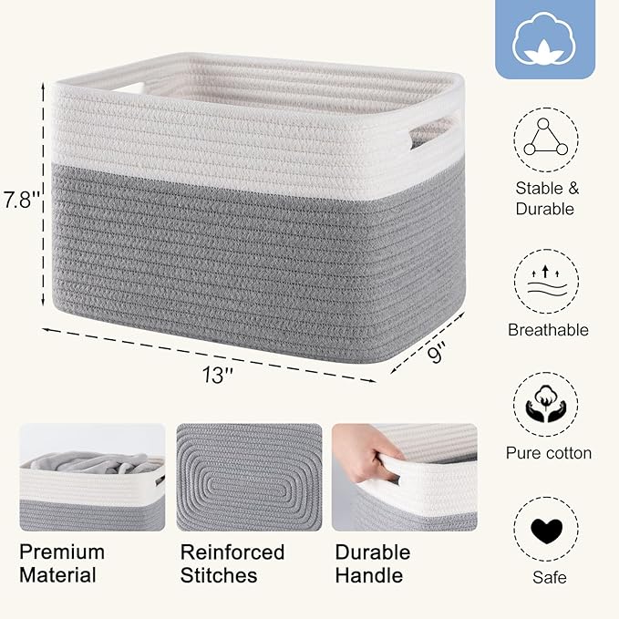 4 Pack Storage Baskets for Organizing, Woven Baskets for Shelves - Perfect for Toys, Books, Towels, and Clothes, Durable Gift Basket Bins Toy Storage, 12.7''L x9''W x7.8''H, Grey and White-Ruum Studio Home