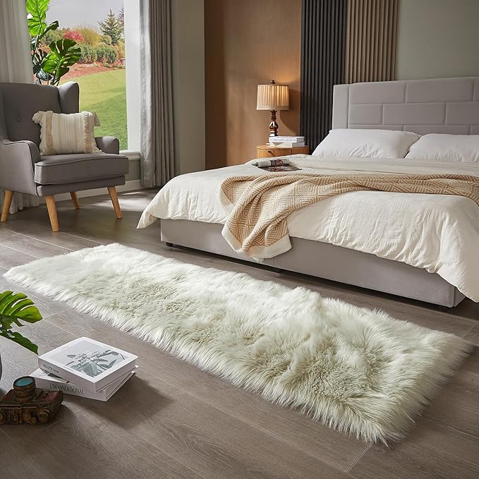 AMTOVO Faux Fur Rug, Light Grey Ultra Soft Fluffy Shag Sheepskin Rug, 2 x 6 ft Runner Area Rugs for Bedroom Sofa Throw Cushion Room Decor, Rectangle-Ruum Studio Home