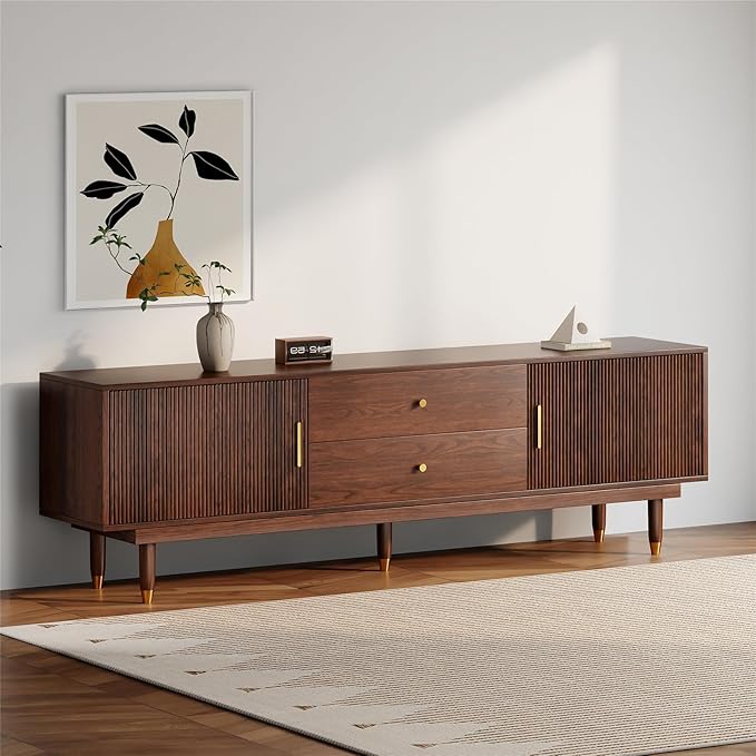 Mid Century Modern TV Stand for 75 inch TV, 70.9" Walnut TV Console with 2 Storage Cabinet & 2 Drawers, Entertainment Center, Media Console for Living Room/Bedroom-Ruum Studio Home