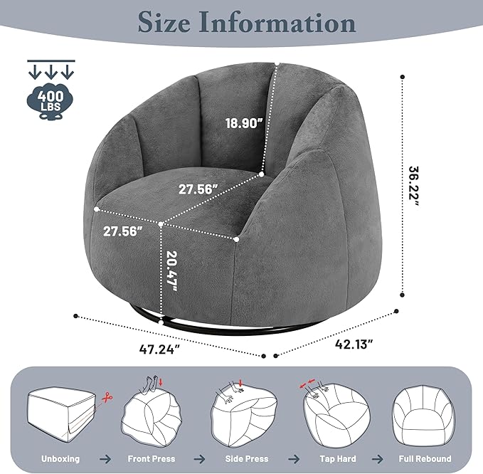 Giant Bean Bag Swivel Chair for Adults - Comfy Plush Round Shell Soft Accent Beanbag Chair, Oversized Cozy Floor Sofa Reading Chair for Living Room, Bedroom & Game Rooms, Gray-Ruum Studio Home