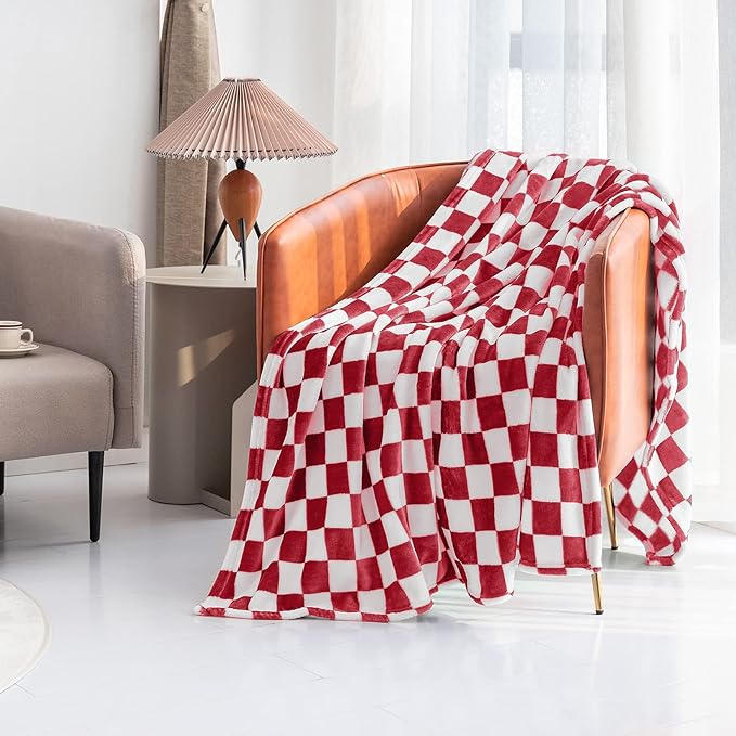LOMAO Throw Blankets Flannel Blanket with Checkerboard Grid Pattern Soft Throw Blanket for Couch, Bed, Sofa Luxurious Warm and Cozy for All Seasons (Red, 50"x60")-Ruum Studio Home