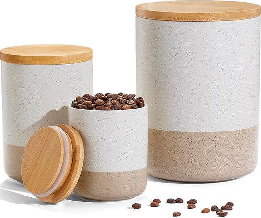 Yangbaga Canister Sets for Kitchen Counter, 80/40/20 OZ Large Ceramic Food Storage Jars with Airtight Wood Lids, Large Kitchen Canisters for Coffee, Sugar, Tea, Flour, Spice-Ruum Studio Home