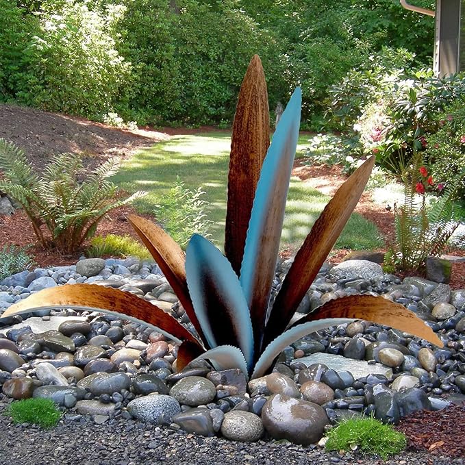 DIY Metal Agave Plant Art Yard Tequila Art Sculpture, Tequila Rustic Garden Sculpture Statue Outdoor Decor,Agave Metal Plants for Yard, Garden Lawn Ornaments (9 Leaves -Blue)-Ruum Studio Home
