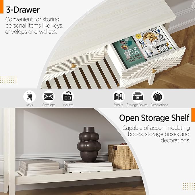 47" Fluted Console Table with 3 Drawers, Narrow Long Entryway Table with Storage Shelf, Sofa Tables for Entryway, Living Room, Behind Couch, Foyer, Hallway, Office (Beige)-Ruum Studio Home