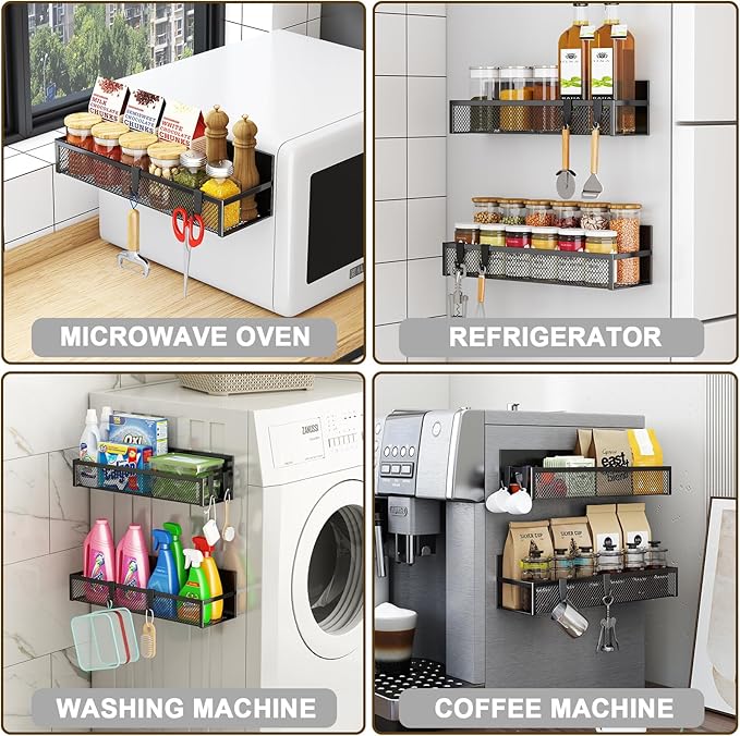 Magnetic Spice Rack for Refrigerator, 2 Pack Magnetic Shelf, Fridge Magnet Organizer with Moveable 4 Hooks, Magnetic Fridge Shelf for Kitchen Organization and Storage (2 Pack)-Ruum Studio Home