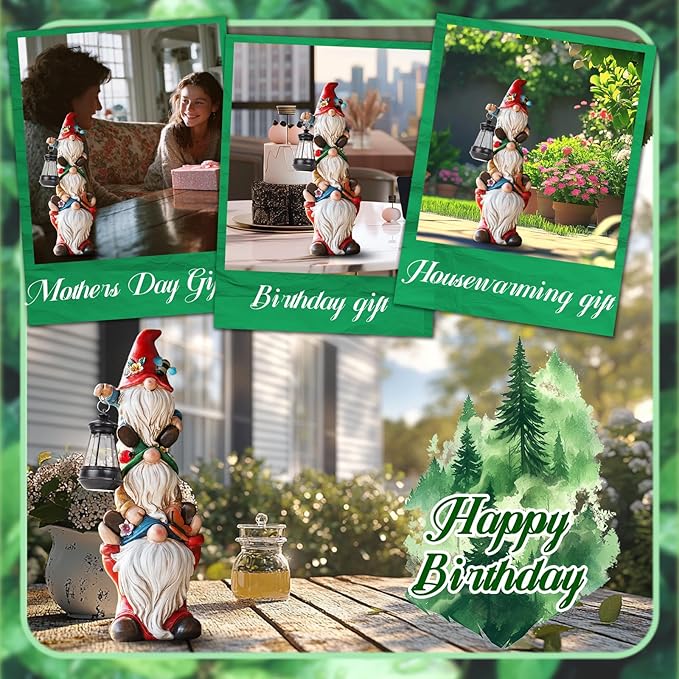 Garden Gnome Statue with Solar Lights Garden Sculptures Funny Triple Gnome Outdoor Patio Lawn Yard Balcony Garden Home Decor Birthday Gifts for Women Mom Grandma 12 in Fall Gnome-Ruum Studio Home