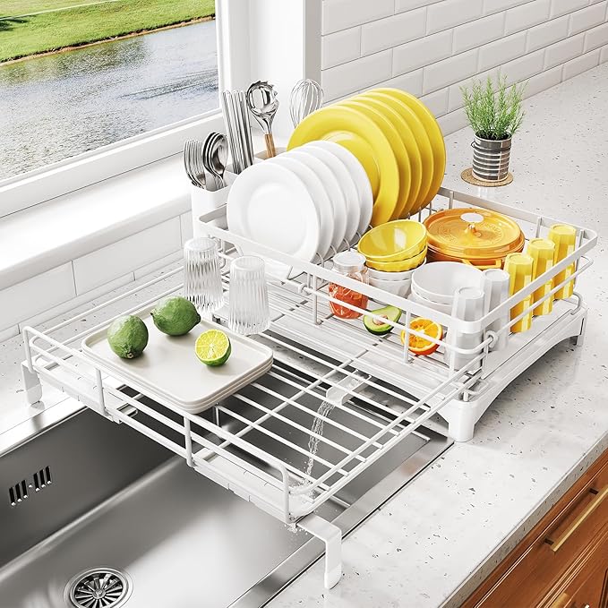 Dish Drying Rack - Extendable Dish Rack, Large Sink Drying Dish Drainer for Kitchen Counter, Stainless Steel Dish Strainer with Utensil Holder (White)-Ruum Studio Home