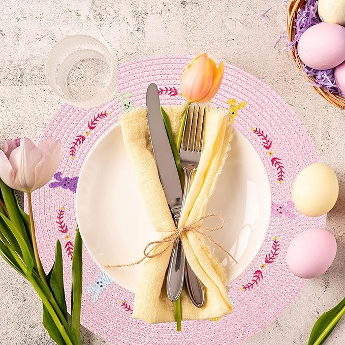 Whaline 4Pcs Round Bunny Easter Placemats Pink Rabbit Embroidered Place Mats Spring Cute Rabbit Dinner Table Mat Easter Dining Kitchen Table Mats for Home Wedding Baby Shower Birthday Party Decor-Ruum Studio Home