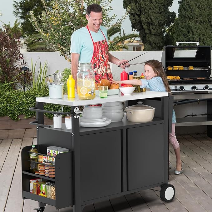 Outdoor Grill Cart with Wheels, Outdoor Kitchen Bar Cart Mobile BBQ with Foldable Stainless Steel Top & Storage Cabinet-Ruum Studio Home