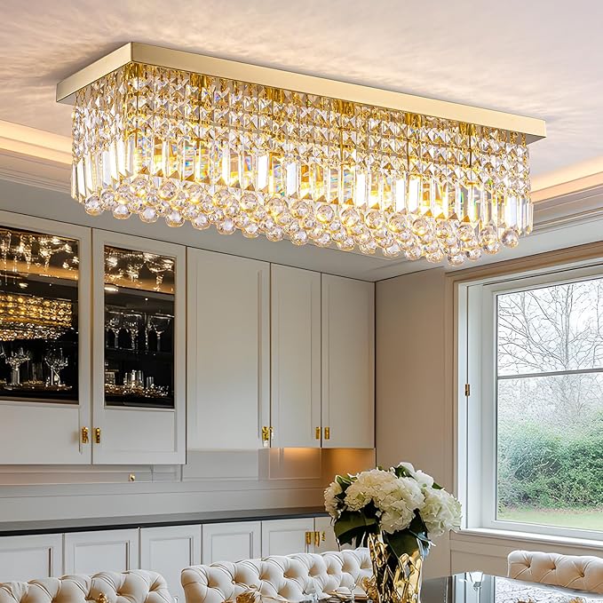 Modern Crystal Chandelier, 6 Lights Luxury Gold Rectangular Flush Mount Ceiling Light, Dining Room Light Fixture, Rectangle K9 Crystal Raindrop Chandelier for Living Room Bedroom L31.5 Inch-Ruum Studio Home