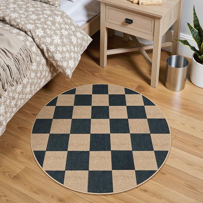 Lahome Checkered Easy Jute Rugs for Entryway, 3 ft Round Rug Small Indoor Outdoor Circle Carpet, Farmhouse Neutral Non Slip Non Shedding Black Carpet for Kitchen Front Porch Foyer-Ruum Studio Home