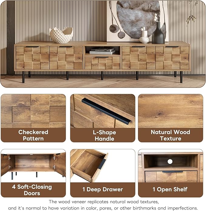 Modern TV Stand for TVs up to 85", Mid-Century Media Console with Checkered Cabinet Doors, Storage Drawers & Open Shelves, Wood Entertainment Center with Metal Legs-Ruum Studio Home
