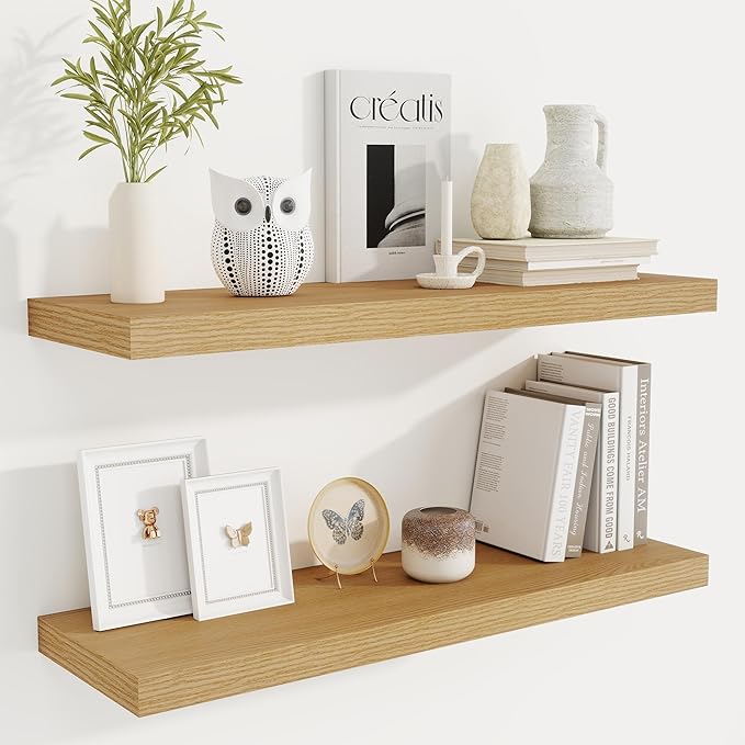 Fun Memories Floating Shelves for Wall, 32 Inch Rustic Wood Wall Mounted Shelves for Bathroom, Bedroom, Kitchen, Living Room, Deep Floating Shelves for Storage & Home Decor (Oak, Set of 2)-Ruum Studio Home