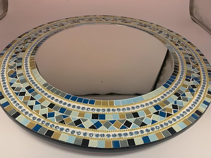 Mosaic Mirror, Wall Art Décor – Handcrafted Decorative Wall Mirror, Light and Navy Blue, Brown, Gray, and Black Round Mosaic-Ruum Studio Home