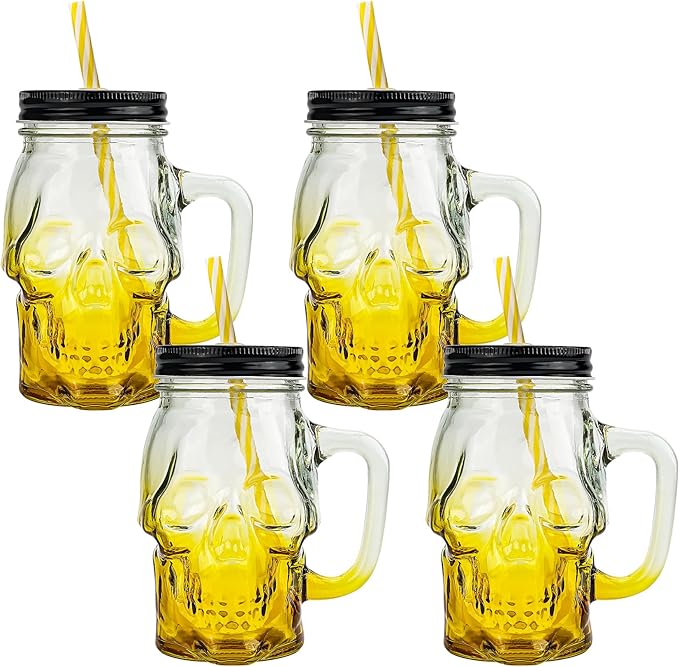Halloween Cups Set of 4 - Yellow Skull Glass Drinking Jar with Lids and Straws - Halloween Decor, Drinking Glasses 16 oz-Ruum Studio Home
