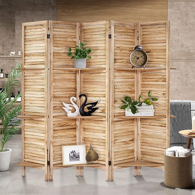 Room Divider with Shelves, Privacy Screen, Room Dividers and Folding Privacy Screens, 5 Panel Wood Temporary Wall Partition Separation Separator, Natural-Ruum Studio Home