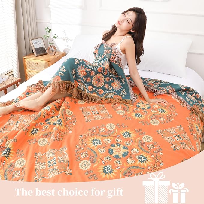 Boho Throw Blanket for Bed - 100% Pure Cotton Ultra Soft Rustic Quilt - Farmhouse Decor Bed Blankets, All Season Rustic Throw for Sofa Couch Chair(91''x 98'', Boho)-Ruum Studio Home