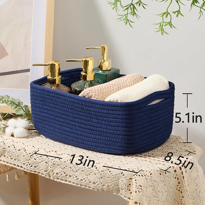 Small Storage Baskets for Organizing | Closet Organizer Bins | Shelf Toy Basket | Woven Rope Baskets | Cube Decorative Box | Shallow Basket | 13x8.5x5.1” | 3 Packs Navy Blue-Ruum Studio Home