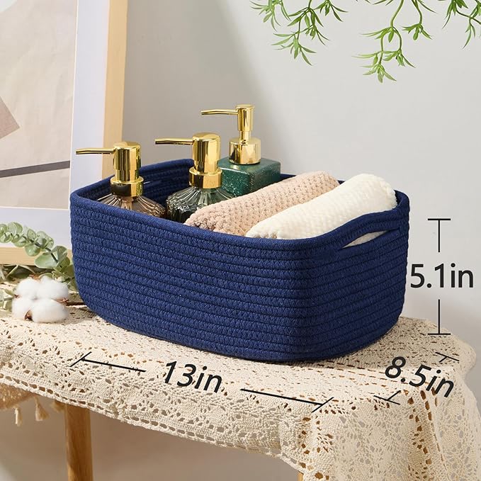 Small Storage Baskets for Organizing | Closet Organizer Bins | Shelf Toy Basket | Woven Rope Baskets | Cube Decorative Box | Shallow Basket | 13x8.5x5.1” | 4 Packs Navy Blue-Ruum Studio Home