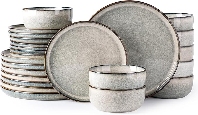 GBHOME Ceramic Dinnerware Sets for 8, 24 Pieces Stoneware Plates and Bowls Sets, Scratch Resistant Dishes, Dishwasher & Microwave Safe, Reactive Glaze-Green Wheat-Ruum Studio Home