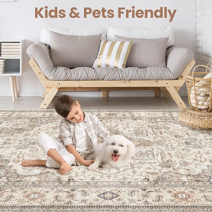 Washable Area Rugs for Living Room - 6x9 Neutral Vintage Distressed Floral Farmhouse Boho Large Soft Floor Rug Indoor Non Slip Carpet for Bedroom Dining Room Office - Brown/Multi-Ruum Studio Home