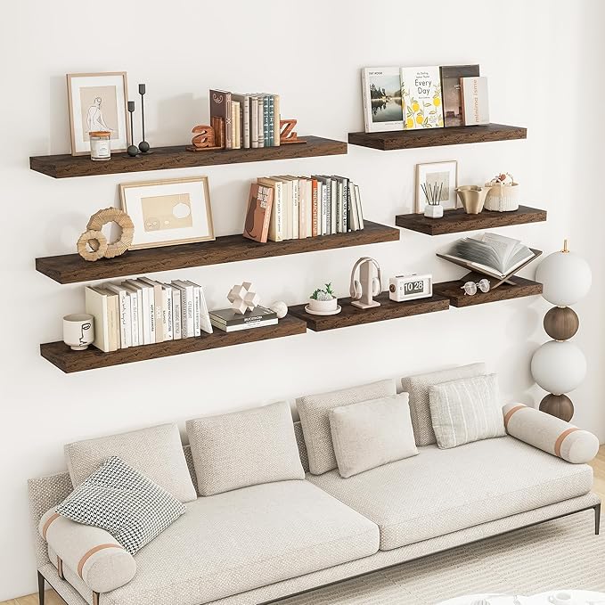 RICHFOCUS 48Inch Floating Shelves for Wall 2 Pack Shelves for Bedroom|Kitchen|Bathroom Wall Mounted Rustic Wood Floating Shelf with Invisible Brackets for Books|Storage|Decor, Rustic Brown-Ruum Studio Home