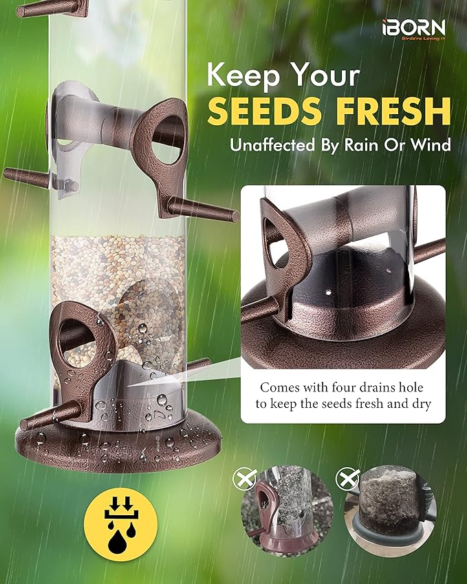 iBorn Metal Bird Feeder Hanging Wild Bird Seed Feeder for Mix Seed Blends Heavy Duty All Metal Coffee Finish,14 Inch 6 Port,Pack of 2-Ruum Studio Home