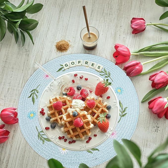 Whaline 4Pcs Round Daisy Placemats Spring Flower Embroidered Place Mats Greenery Floral Dinner Table Mats for Home Holiday Wedding Bridal Baby Shower Birthday Party Decor-Ruum Studio Home