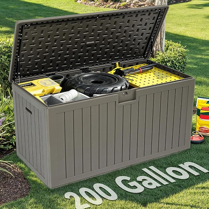YITAHOME 200 Gallon Extra Large Deck Box, Double-Wall Resin Outdoor Storage Box with Flexible Divider for Patio Cushions Pool Supplies Garden Tools, 990 lbs Load Capacity, Lockable (Light Brown)-Ruum Studio Home