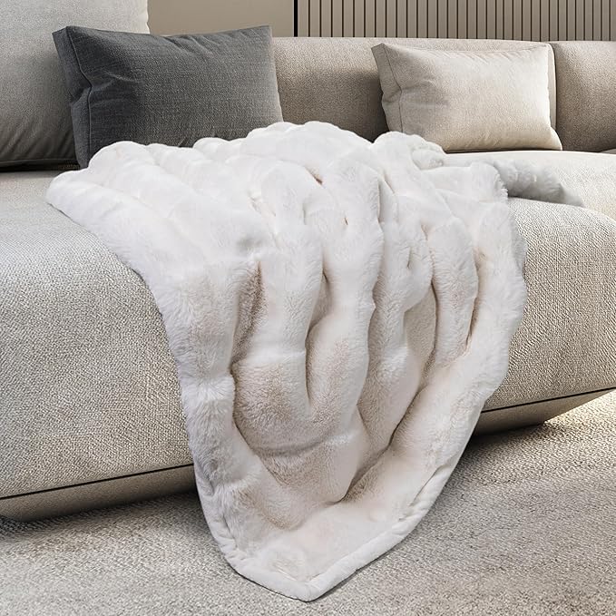 Mon Chateau Premium Reversible Luxury Faux Fur Throw for Couch, Sofa, or Bed - Plush Cozy Soft Blanket for Sleeping or Home Décor, 60" x 70" (Ivory)-Ruum Studio Home