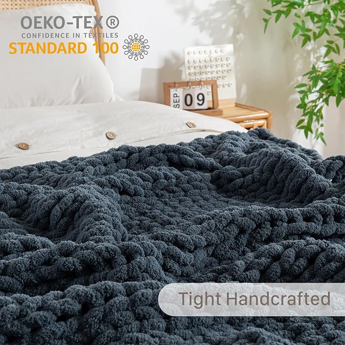 Chunky Knit Blanket Throw, 100% Hand Knit Throw Blanket Handmade Chenille Cable Knit Throw for Couch, Stylish Cozy Soft Rope Knot Crochet Blanket for Home Decor, Blue Mirage, 50x60 Inches-Ruum Studio Home