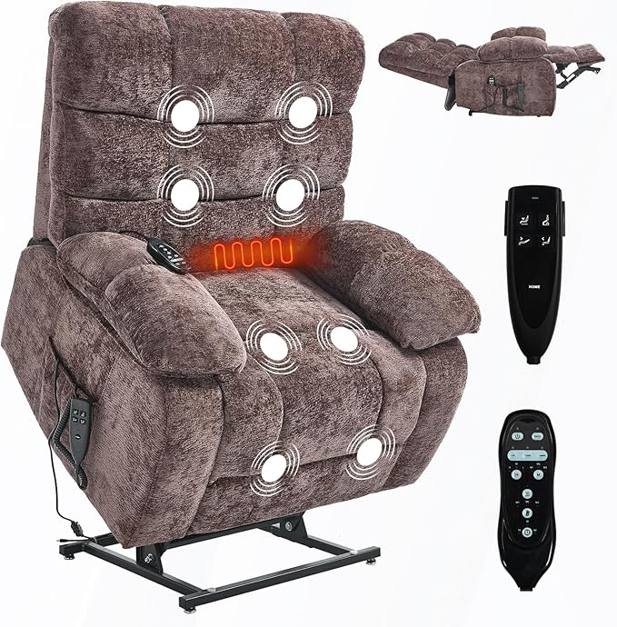 Lay Flat Recliner with Vibration Massage and Lumbar Heating, 26" Wide Recliner with Infinite Position and 2 Remote Controls, Soft Chenille Lift Chair for Living Room, Chocolate-Ruum Studio Home