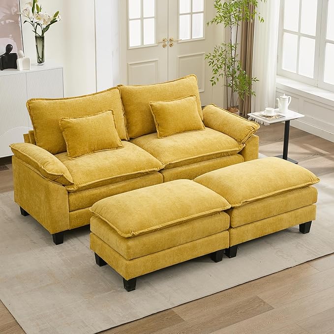 URRED Modular Sectional Sofa Comfy Cloud Couch, Modern Chenille Sofa Sleeper Deep Seat Couches with Ottoman/Pillows for Living Room (Yellow, 82.6''- 2 Ottomans)-Ruum Studio Home