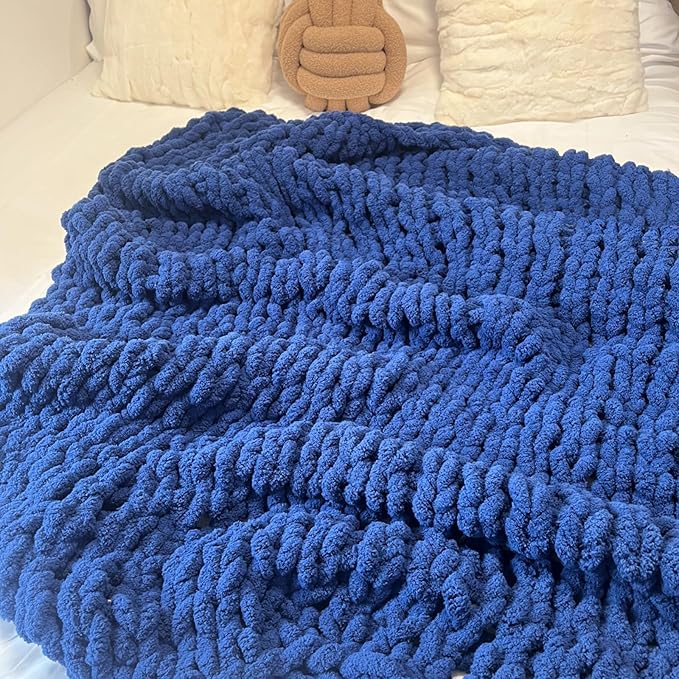 Chunky Knit Blanket Throw 40"x60", Chenille Throw Blankets, Handmade Warm & Cozy Blanket Couch Bed Home Decor, Soft Breathable Fleece Banket, Christmas for Couch Bed Sofa Best Gift (Navy Blue)-Ruum Studio Home