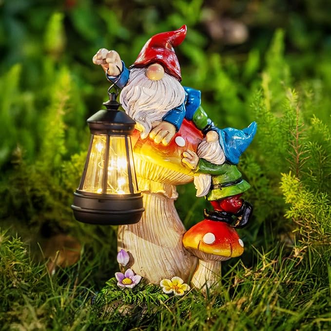 TIJNN Solar Garden Statue Gnomes Figurine Lights,Funny Gnomes Standing on Mushrooms with Lanterns, with Lanterns Outdoor Yard Decorations for Patio Porch Home, Garden Gifts for Women Mom-Ruum Studio Home