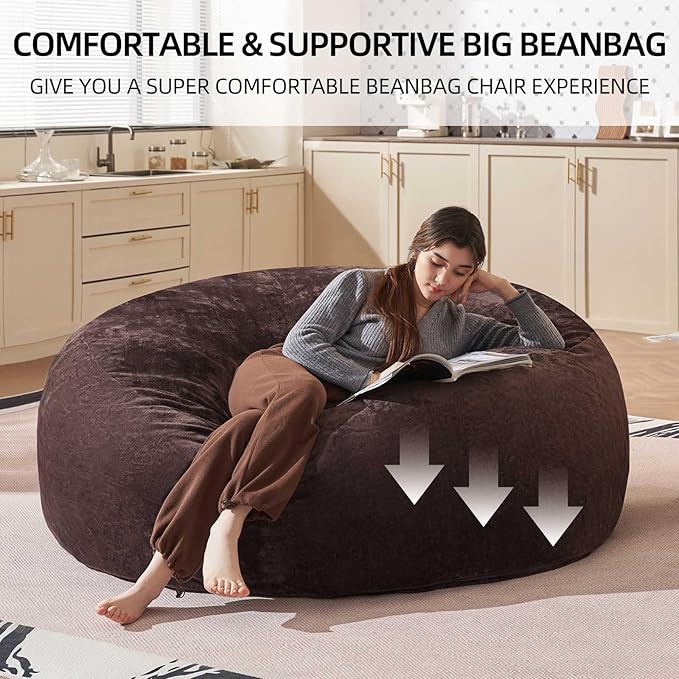 Bean Bag Chair 5Ft, Memory Foam Filled, Large Beanbag Chairs for Adults and Teens, Soft Sofa with Removable Flannel Cover, Round Couch for Living Room Bedroom College Dorm (Brown, 5FT-60×60"×24")-Ruum Studio Home