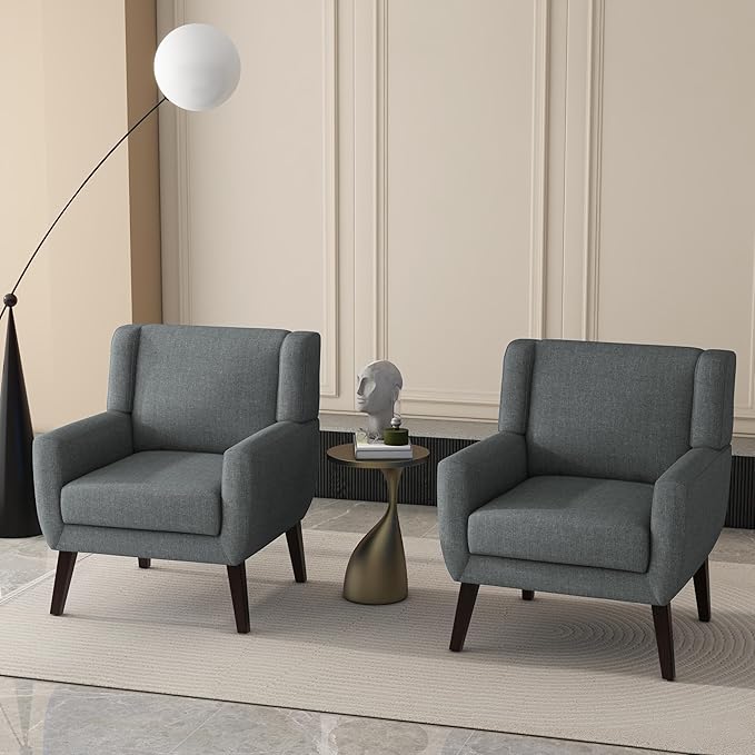 UIXE Accent Chairs Set of 2, Fabric Upholstered Armchair for Living Room, Comfy Arm Chair Single Sofa Bedroom Side Reading Seat - Flax Gray-Ruum Studio Home
