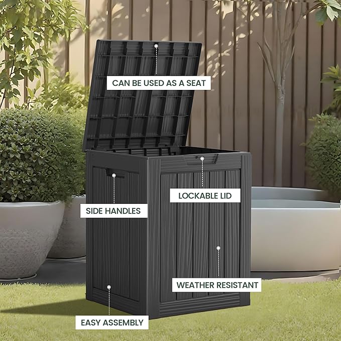 28 Gallon Outdoor Storage Box, Waterproof Durable Resin Deck Box for Indoor & Outdoor Use, Lockable Outdoor Bench, Deck Bin for Patio Furniture, Deliveries, Pool Supplies, Black-Ruum Studio Home