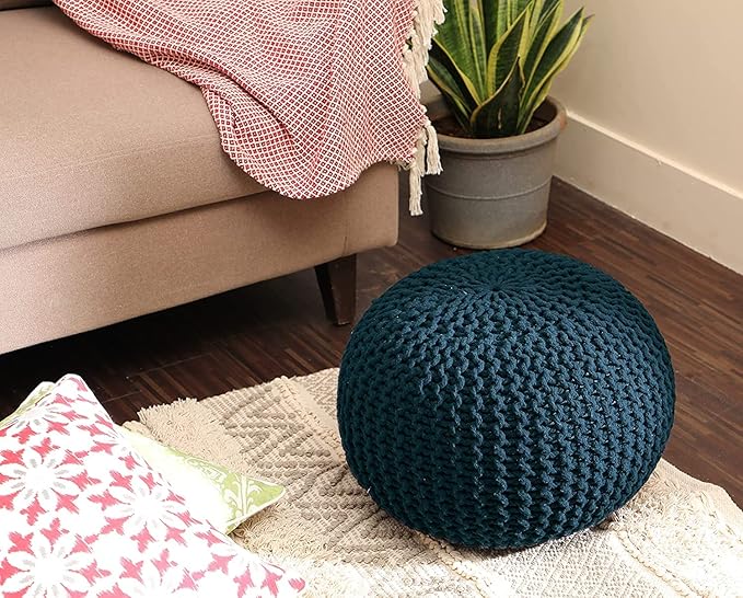 REDEARTH Round Pouf Bean Bag Ottoman - Foot Stool Hand Knitted - Home Decor Pouffe Stuffed - Cable Boho Poof Beanbag Footrest for Living Room - Nursery - Bedroom - Patio (19.5"x19.5"x14") - Teal-Ruum Studio Home