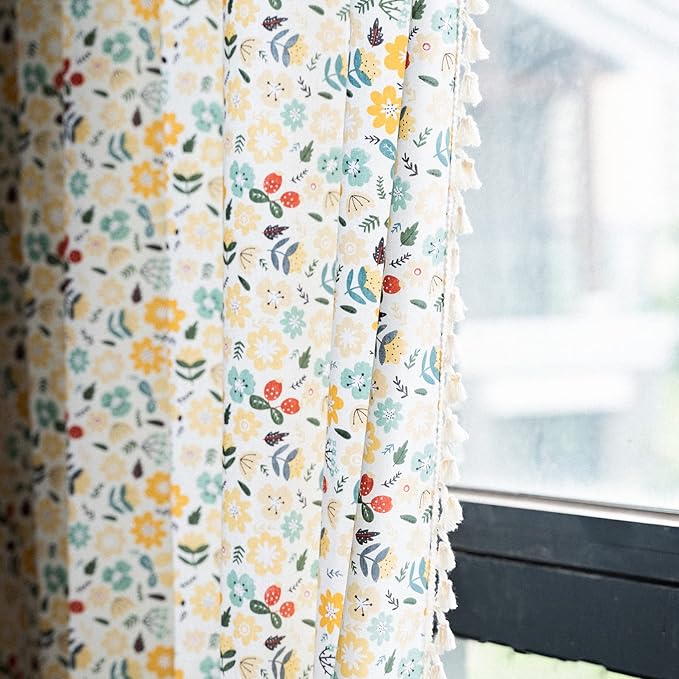 Sutuo Home Boho Curtain Semi-Blackout Colorful Florals Print Cotton Linen Fabric, Handmade Tassels Rod Pocket Bohemian Farmhouse Country Window Drapes for Living Bedroom, 59" W x 84" L, 1 Panel-Ruum Studio Home