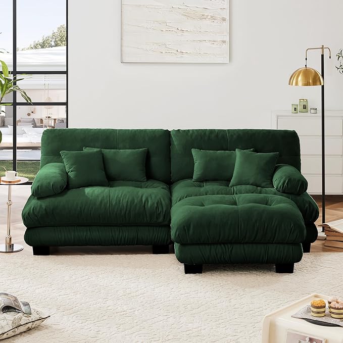 Modular Sectional Sofa, Comfy Cloud Couch Oversized Loveseat with Ottoman, Sectional Couches for Living Room, Modern Chenille L Shaped Couch, Sleeper Deep Seat Sofa with Throw Pillows, Green-Ruum Studio Home