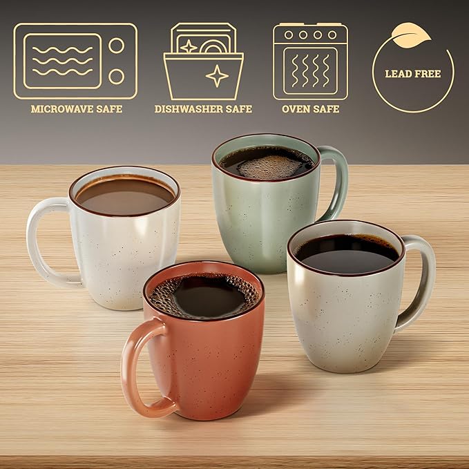 Ceramic Coffee Mugs Set of 4 - 16 oz Coffee Mug Set of 4 - Thick Durable Ceramic Mugs with Comfortable Handles - Dishwasher & Microwave Safe - Mug Sets 4 Beautiful Colors - Large 16 oz Full Capacity-Ruum Studio Home