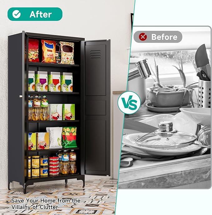 Metal Storage Cabinet with Doors and Shelves,Black Storage Cabinet with Leg,Metal Pantry Cabinets,Ventilated Pantry Closet,Tall Large Cupboard for Home,Kitchen,Dining/Living/Laundry Room-Ruum Studio Home