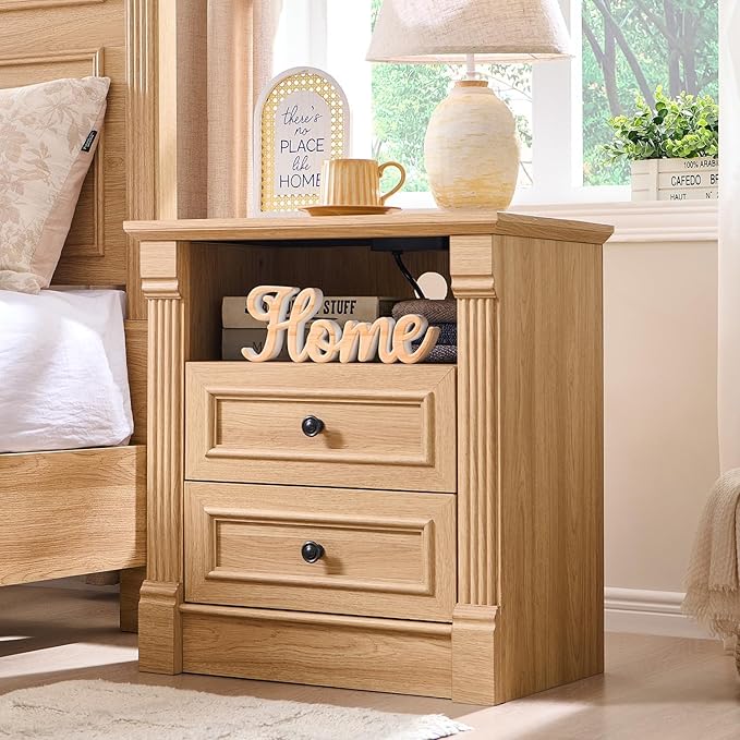 26" Tall Farmhouse Nightstand, 2 Drawers End Table w/Charging Station, 23.6" Wide Large Side Table w/Roman Column, Wood Rustic Sofa Table w/Open Shelf, Bedside Table for Bedroom, Natrual-Ruum Studio Home