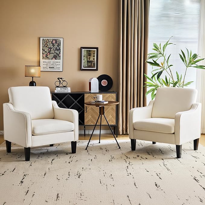 VINGLI Mid Century Modern Accent Chair, Beige Fabric Accent Chairs for Living Room Upholstered Armchair Sofa with Scooped Arms for Bedroom, Apartment, Studio, Office, Waiting Room-Ruum Studio Home