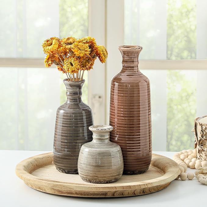 Ceramic Vases Set of 3, Neutral Rustic Farmhouse Vases Home Decor Decorative Flower Vase Modern Boho Pampass Vase for Table Mantel Entryway Shelf Living Room Kitchen Bathroom - Brown-Ruum Studio Home