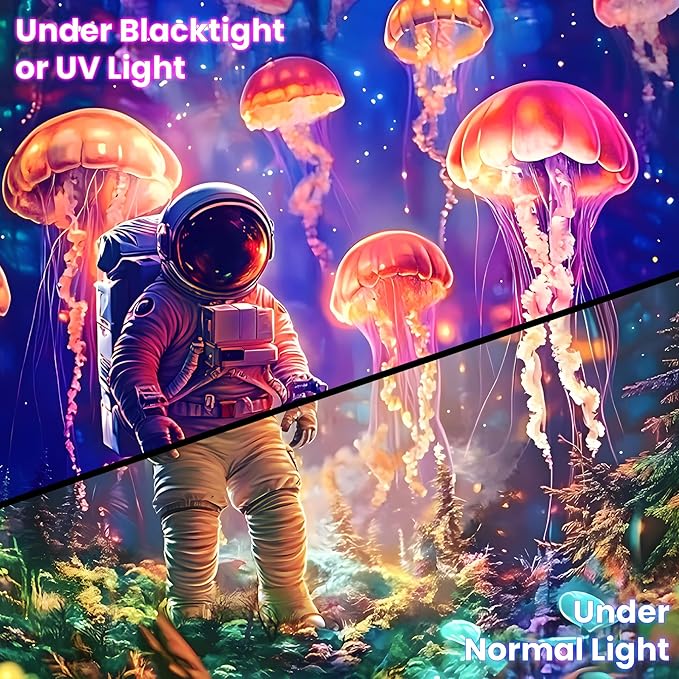 BVBOX Astronaut Blacklight Tapestry 79"x59", UV Reactive Astronaut Jellyfish Underwater World Glow in Dark Tapestries, Black Light Neon Upright Poster Wall Hanging Backdrop Decor for Bedroom Living Room-Ruum Studio Home