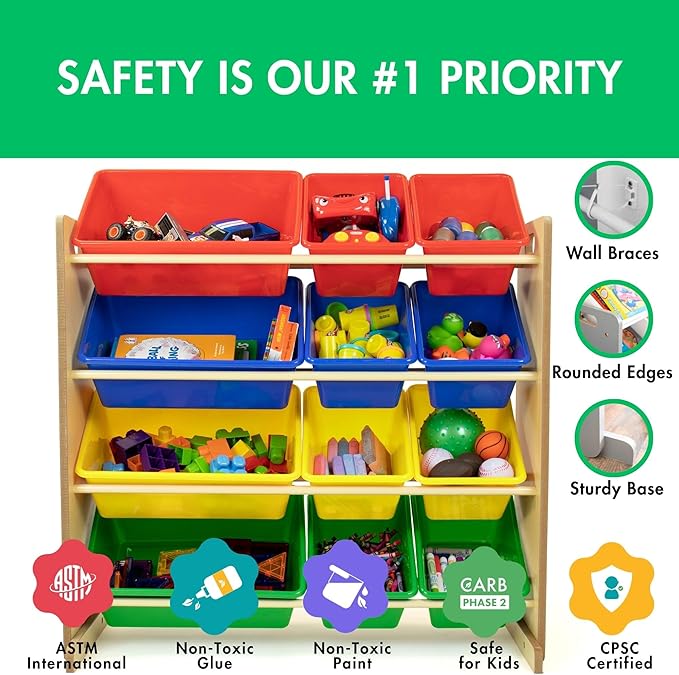 Humble Crew, Natural/Primary Kids' Toy Storage Organizer with 12 Plastic Bins, 34*35*15.5inch-Ruum Studio Home