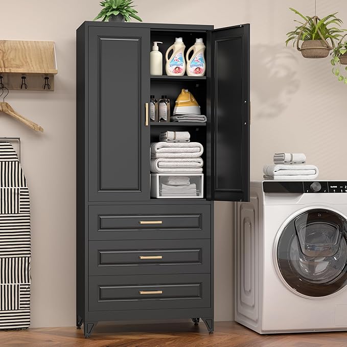 75" Kitchen Pantry Cabinet, Metal Storage Cabinets with Doors and Adjustable Shelves, Black Tall Pantry Cabinet with 3 Drawers for Dinning Living Room-Ruum Studio Home