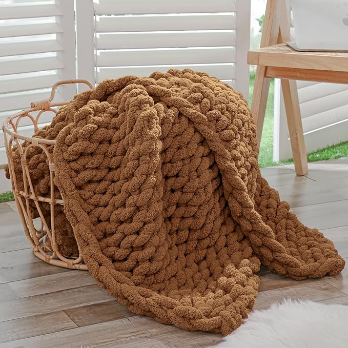 Bigacogo Chunky Knit Throw Blanket for Couch, 40x60 inches, 100% Hand Knitted with Thick Jumbo Chenille Yarn, Cozy Soft Large Rope Knot Cable Crochet Blankets for Sofa Bed Living Room, Caramel-Ruum Studio Home